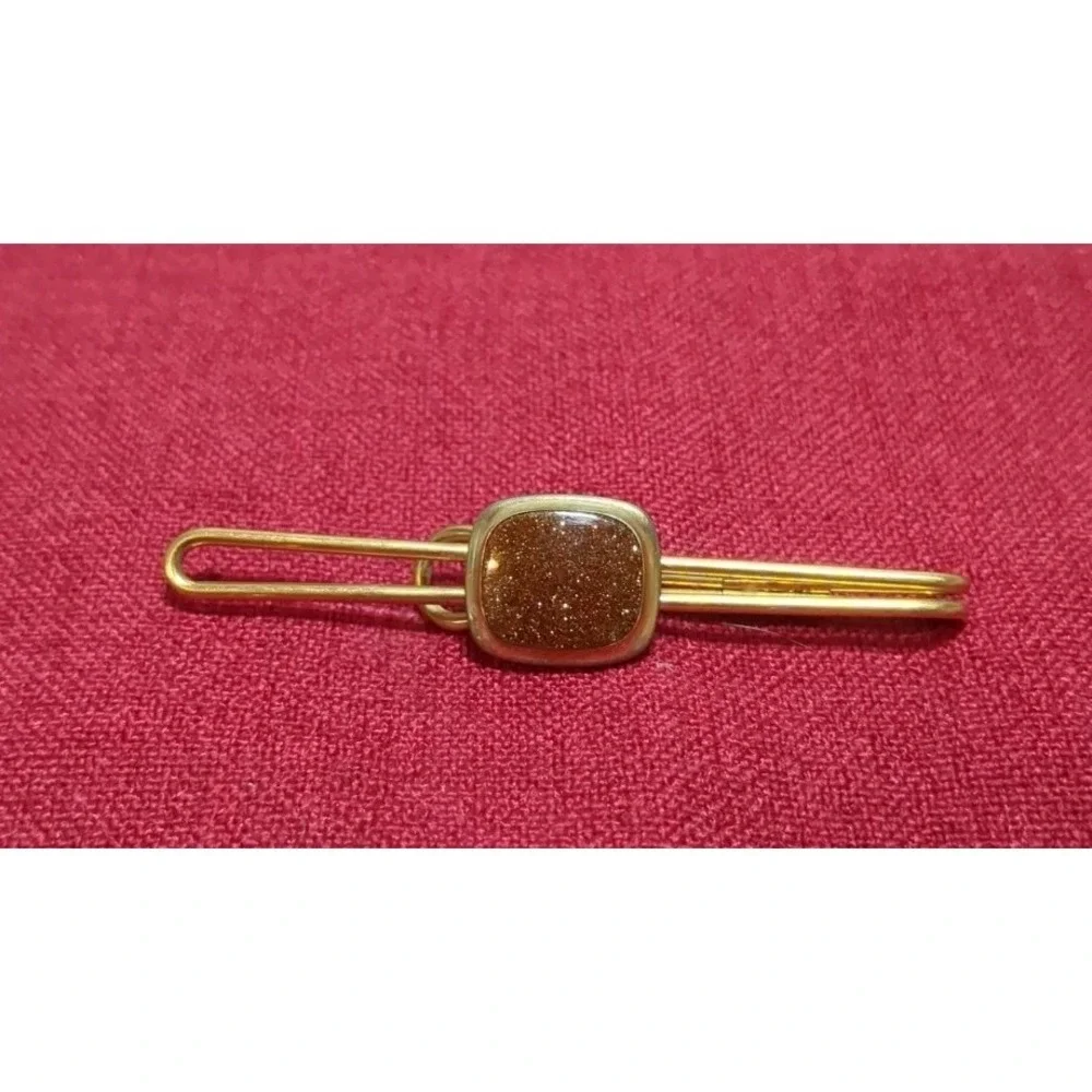 Vintage Mid Century Correct Quality Gold Tone W/Goldstone Tie Bar & Cuff Links